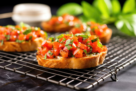 freshly baked bruschetta with basil on a cooling rack, created with generative aiの素材