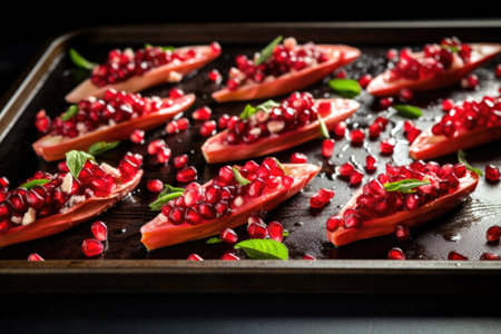 glossy pomegranate seeds on bruschetta residing on an oven tray, created with generative aiの素材
