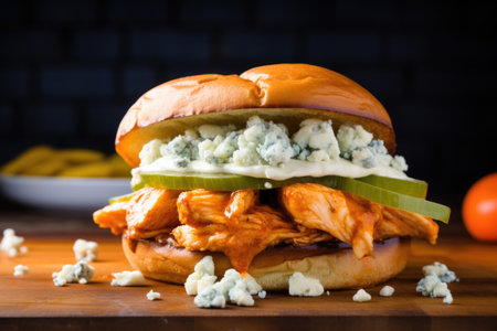 buffalo chicken sandwich topped with blue cheese, created with generative aiの素材