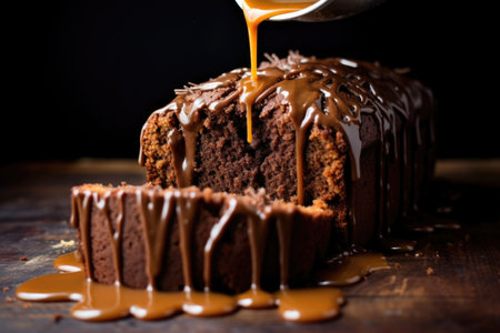 chocolate pound cake with a drizzle of caramel, created with generative aiの素材