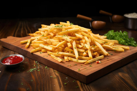 french fries artfully laid out on a wooden slab, created with generative aiの素材