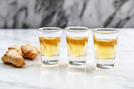 several ginger shots lined on a marble counter, created with generative aiの素材