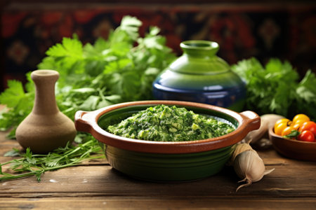 guacamole in ceramic bowl on rustic wooden table, created with generative aiの素材