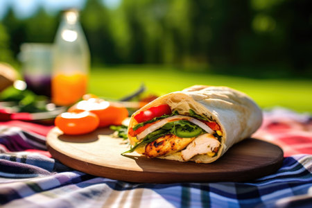 grilled chicken in a bread roll on a picnic blanket, created with generative aiの素材