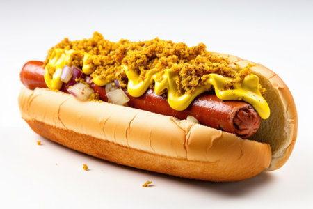 a mustard-slathered hot dog on a classic bun, created with generative aiの素材