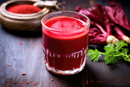 image of vibrant red kimchi juice shot in daylight, created with generative aiの素材