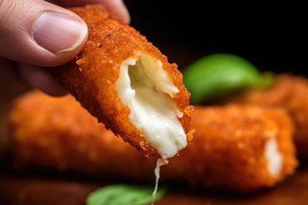 hand slice of a fried mozzarella stick showing creamy inside, created with generative aiの素材