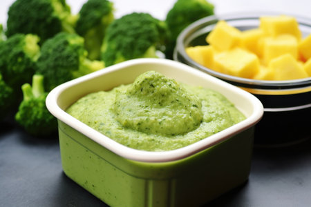 close view of broccoli and potato puree in a container, created with generative aiの素材