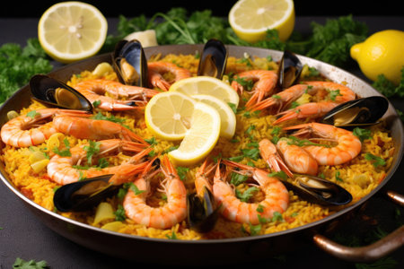 paella garnished with lemon slices and parsley, created with generative aiの素材