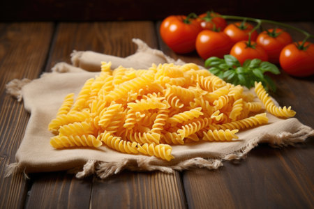 bunch of uncooked fusilli pasta on wooden table, created with generative aiの素材