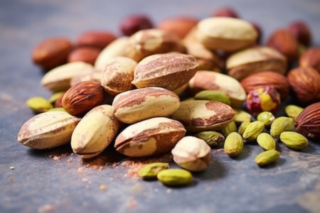close-up of a handful of crusted pistachios on a stone slab, created with generative aiの素材