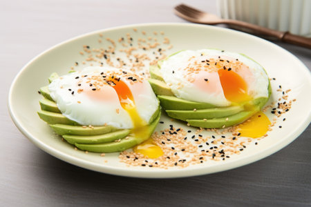 cracking poached eggs drift over avocado sprinkled with sesame seeds, created with generative aiの素材