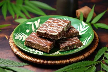 high protein vegan bars on a green leaf pattern plate, created with generative aiの素材