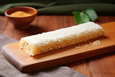 coconut coated protein bar lying on a bamboo mat, created with generative aiの素材