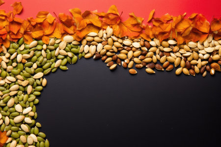 colorful background with pumpkin seeds forming a border, created with generative aiの素材