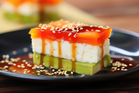 close-up of half-eaten rice cake with avocado and spicy sauce, created with generative aiの素材