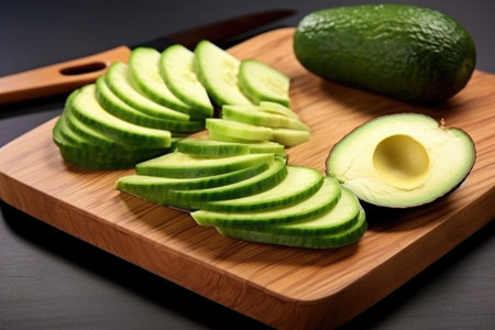 sliced, ripe avocados on a textured board, created with generative aiの素材