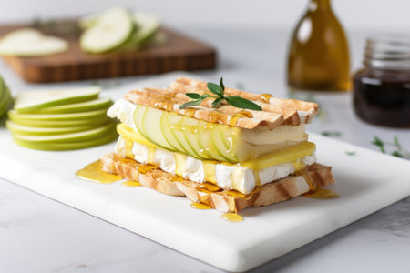 brie and pear sandwich on a ceramic board, created with generative aiの素材