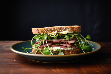 sandwich on sourdough placed on a ceramic dish, created with generative aiの素材