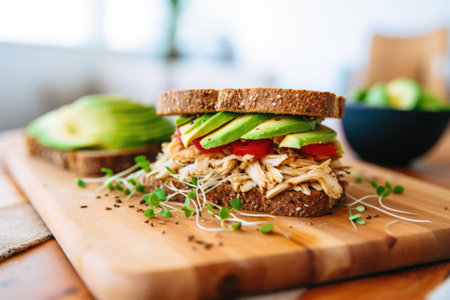 chicken, avocado, and sprouts sandwich on grain bread, created with generative aiの素材