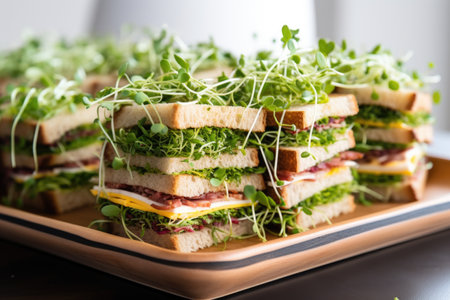 club sandwiches with microgreens stacked high on a tray, created with generative aiの素材