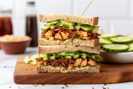 vegan sandwich with tofu, lettuce, and pickles, created with generative aiの素材