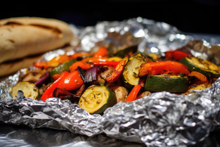 close-up topped baguette with grilled vegetables, lying on foil, created with generative aiの素材