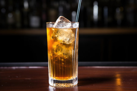 chilled soda with ice and a straw in a clear tall glass, created with generative aiの素材