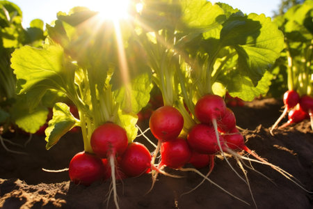 sunlight shines on bunches of reddest radishes, created with generative aiの素材