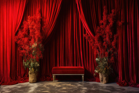 red velvet curtains framing a miniature christmas tree, created with generative aiの素材