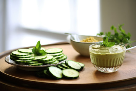 slices of cucumber and a bowl of hummus on a light coffee table, created with generative aiの素材