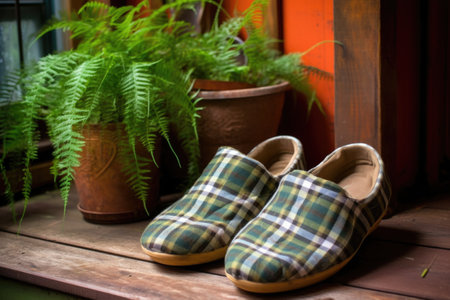 plaid slippers resting beside a potted fern on a rustic wooden porch, created with generative aiの素材