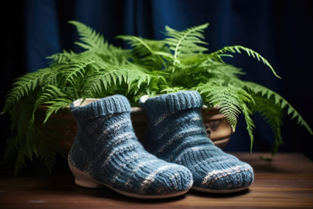 knitted woolen slippers beside a fern in a ceramic pot, created with generative aiの素材