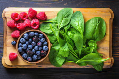 overhead shot of spinach and fresh berries on a board, created with generative aiの素材