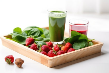 tray with a smoothie, scattered spinach and strawberries, created with generative aiの素材