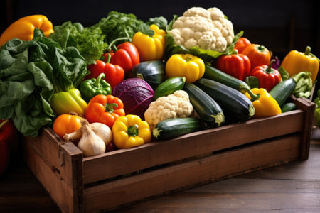 a wooden box filled with assorted seasonal vegetables, created with generative aiの素材