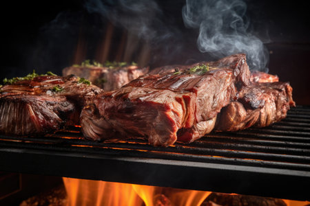 beef ribs sizzling on a grill with billowing smoke, created with generative aiの素材