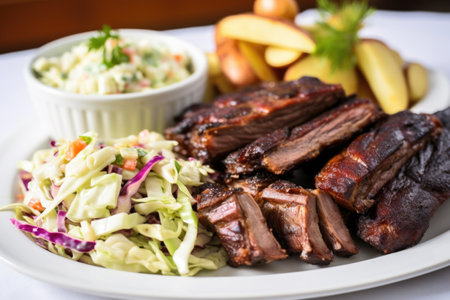 bbq beef ribs plated with sides of corn and coleslaw, created with generative aiの素材