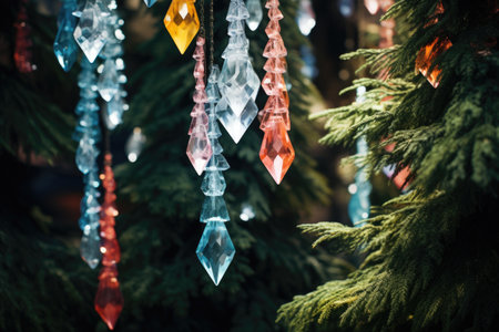 crystal garlands hanging from an alpine christmas tree, created with generative aiの素材