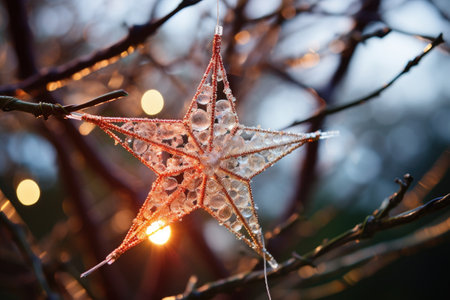 detailed close-up shot of shiny star-shaped tinsel on a tree, created with generative aiの素材