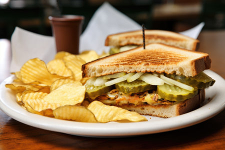 a toasted sandwich with side of potato chips and a pickle, created with generative aiの素材