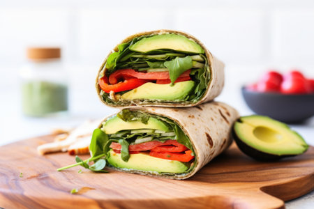 turkey and avocado wrap wrapped in parchment paper, created with generative aiの素材