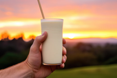 hand holding a vanilla shake with a sunset in the background, created with generative aiの素材