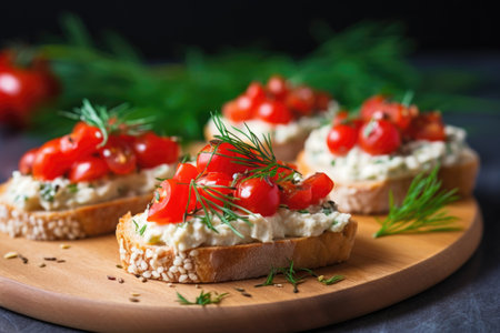 close-up of vegan cream cheese, cherry tomato and fresh dill bruschetta, created with generative aiの素材