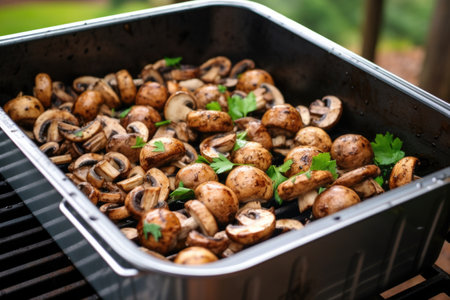 closed grill container filled with grilling mushrooms, created with generative aiの素材