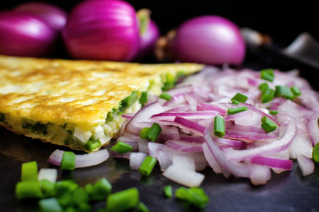 close-up of diced onions in a veggie omelette, created with generative aiの素材