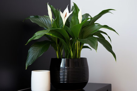 a peace lily in a classic black pot at bathroom corner, created with generative aiの素材