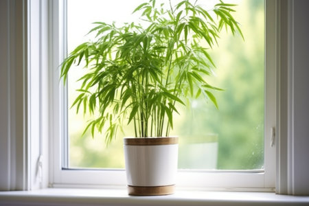 pot of bamboo on a bare, white window sill, created with generative aiの素材