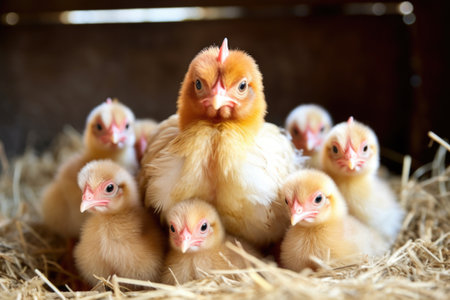 a brood of chicks under the mother hens wings, created with generative aiの素材