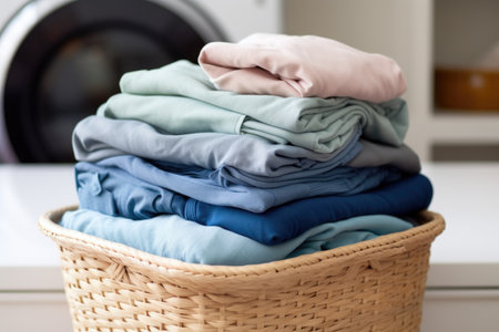 laundry basket with clean, folded clothes, created with generative aiの素材